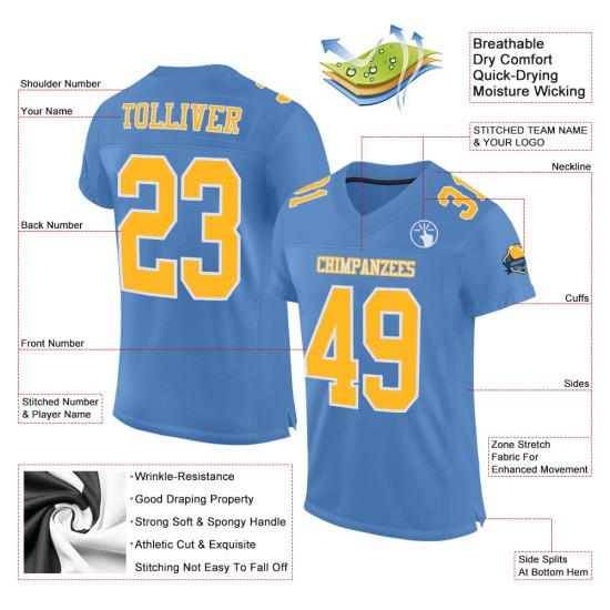 Custom Light Blue Gold-White Mesh Authentic Football Jersey Custom Light Blue Gold-White Mesh Authentic Football Jersey