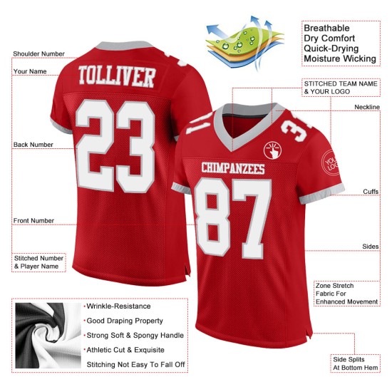 Custom Red White-Gray Mesh Authentic Football Jersey Custom Red White-Gray Mesh Authentic Football Jersey